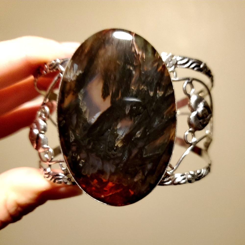 New Huge Stick Agate 925 Silver Cuff Statement Bracelet.